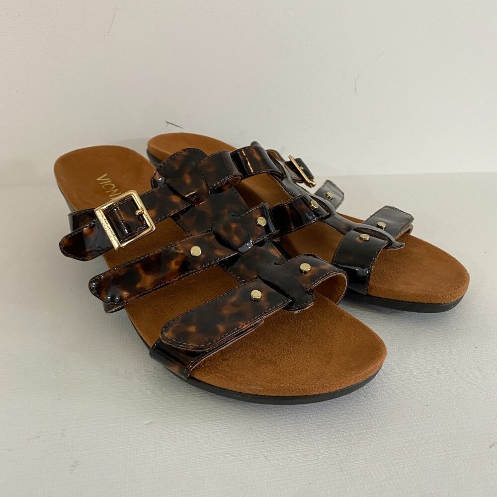 Vionic Radia Tortoise Shell Patent Leather Slide Low Wedge Sandals Womens US 10